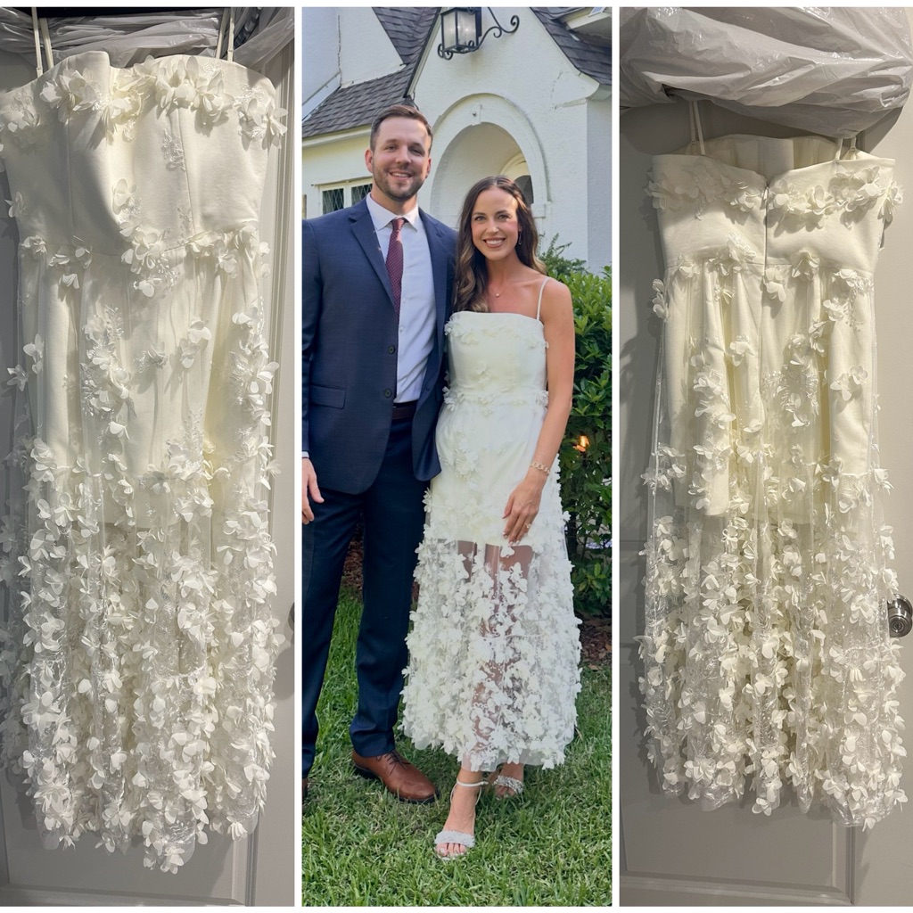 Neiman Marcus Ivory 3d Floral Strapless Midi Dress